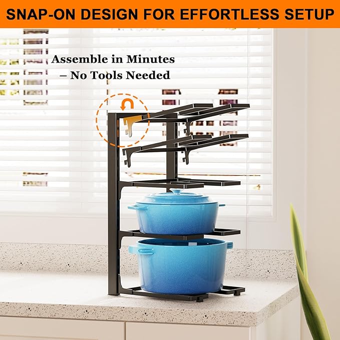Pots and Pans Organizer Under Cabinet, Heavy Duty 8 Tier Pan Organizer–Carbon Steel Pan Rack, No Assembly Required, Perfect for Cast Iron Skillets, Dutch Ovens, Frying Pans, Pots, and Trays
