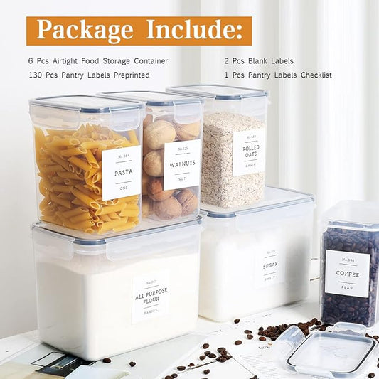 6 Pcs Airtight Flour and Sugar Containers with 132 Kitchen Pantry Labels Preprinted - Stackable Plastic Cereal Storage Canisters with Lids