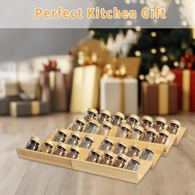 Bamboo Spice Rack For Drawer, 8Pcs Tier Stackable Seasoning Storage Organizer Insert,for kitchen condiments storage insert(Jars Not Included,18.9" Wide×18.9" Deep×1.8" High