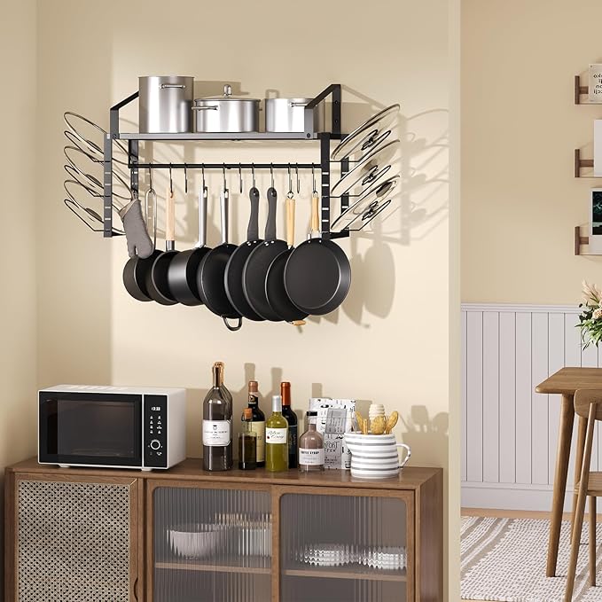 X-cosrack Hanging Pot Rack,Wall Mounted Pot and Pan Organizer with 12 S Hooks,Pot Hangers for Kitchen,Pots Pans Lids Organizer Cookware Hanging Shelves,Equipped with Anti-drop Enlarged Expansion Plugs