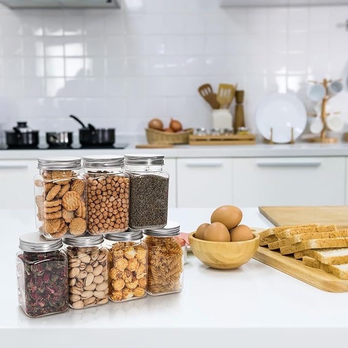 Bekith 12oz Clear Plastic Jars with Lids, Set of 16 Airtight Container for Food Storage, Refillable Square Empty Plastic Jars for Dry Food, Peanut Butter, Honey and Jam Storage