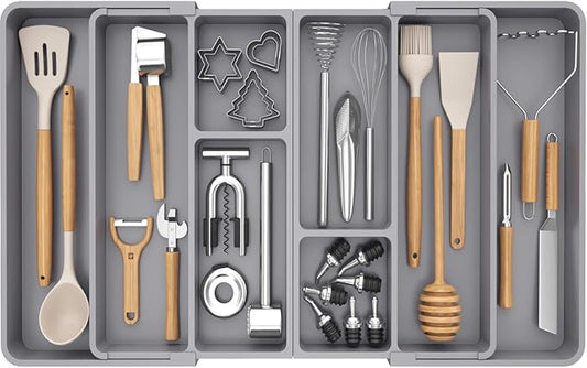 Lifewit Large Utensil Organizer for Kitchen Drawer, Expandable From 21 to 36 Inches, Adjustable Cooking Silverware Tray, Plastic Cutlery Flatware Holder, Spatula Tools Gadgets Storage Divider, Gray