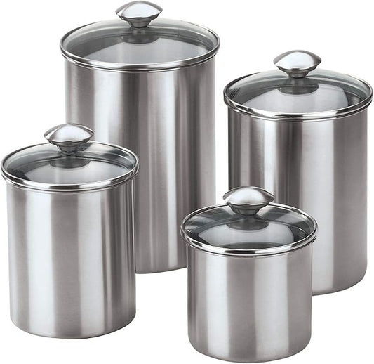 nu steel Canister Set Collection 4 Piece S/Steel Food Storage Container with Tempered Glass Lids for Kitchen Counter, Coffee, Tea, Etc, Small, Shiny Mirror