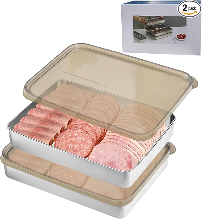 2 Pack Large 304 Stainless Steel Airtight Deli Meat Storage Container for Fridge,Kitchen Meat Saver Storage Container/Bacon storage container for fridge