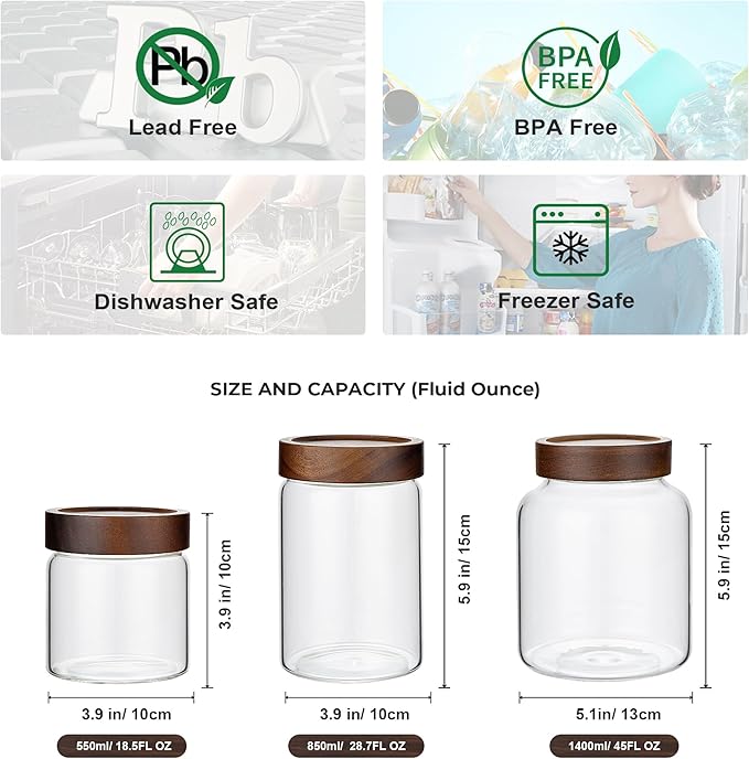 1PC Glass Storage Jars with Airtight Lids, 45 fl oz (1400ml) coffee container with Wooden Lid, Glass Pantry Canister for Beans, Rice, Sugar and etc