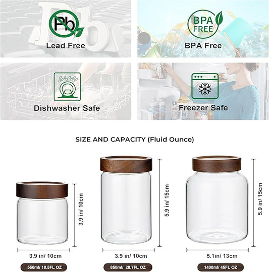1PC Small Glass Storage Jars with Airtight Lids, 18 fl oz (550ml) coffee container with Wooden Lid, Glass Pantry Canister for Beans, Rice, Sugar and etc