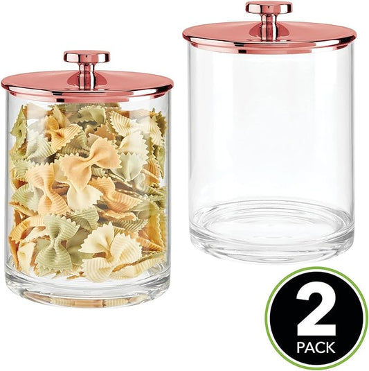mDesign Large Modern Kitchen Apothecary Storage Organizer Canister Jars - Plastic Containers - Organization Holder for Pantry, Counter, Cabinet, Cupboard, Lumiere Collection, 2 Pack, Clear/Rose Gold