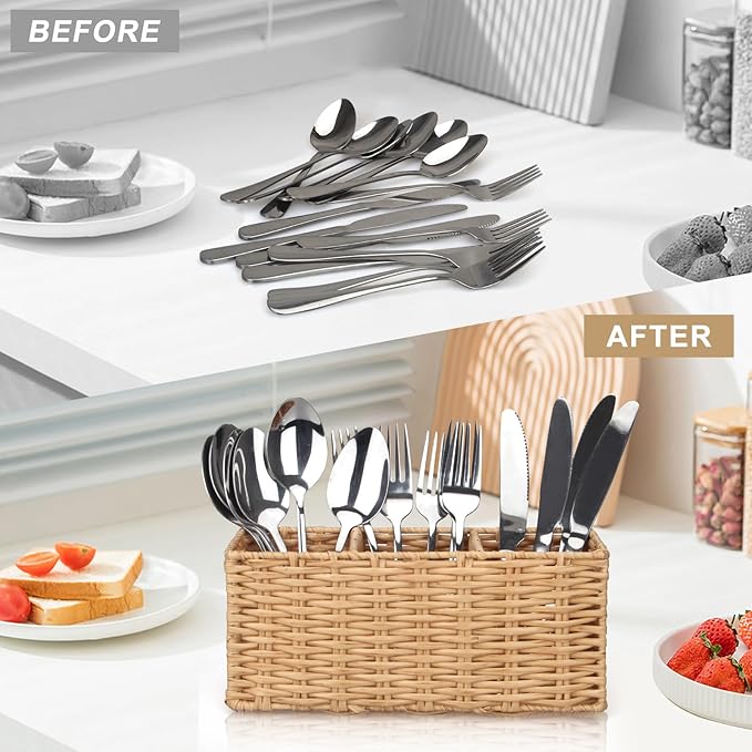 Ayiaren Wicker Flatware Silverware Caddies Cutlery Holder Best Kitchen Silverware Organizer Storage for Countertop Silverware Utensils Holder Party Spoon Knives Fork Holder Flatware Utensil Caddy