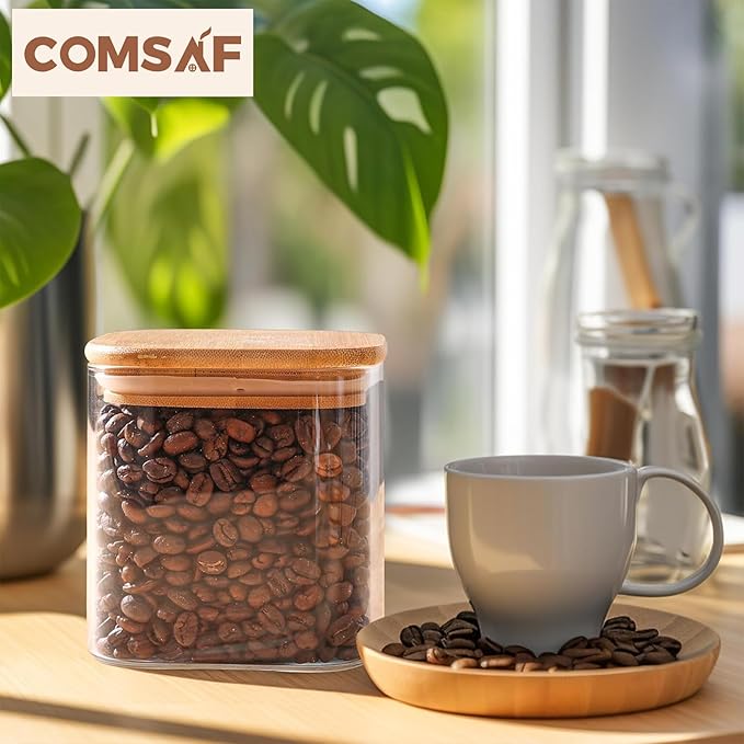 ComSaf 24oz Glass Food Storage Jars Set of 4, Clear Glass Storage Containers with Lids, Pantry Organization Jar, Spice Jar, Blooming Tea, Coffee and Sugar Container, Small Canister Set for Kitchen