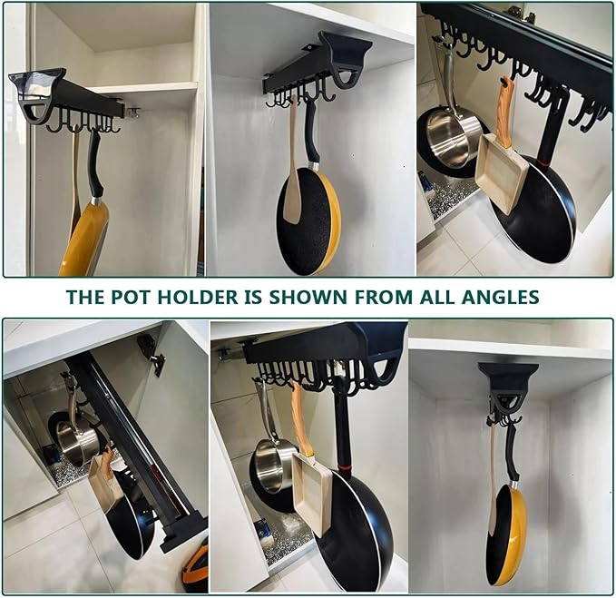 10in Hanging Pot Rack with Hooks for Cabinet Pull Out Pot and Pan organizer Adjustable Pot Racks with Sliding Rail Storage Utility Rack Used for Kitchen/Closet/Cupboard,Load 75LBS