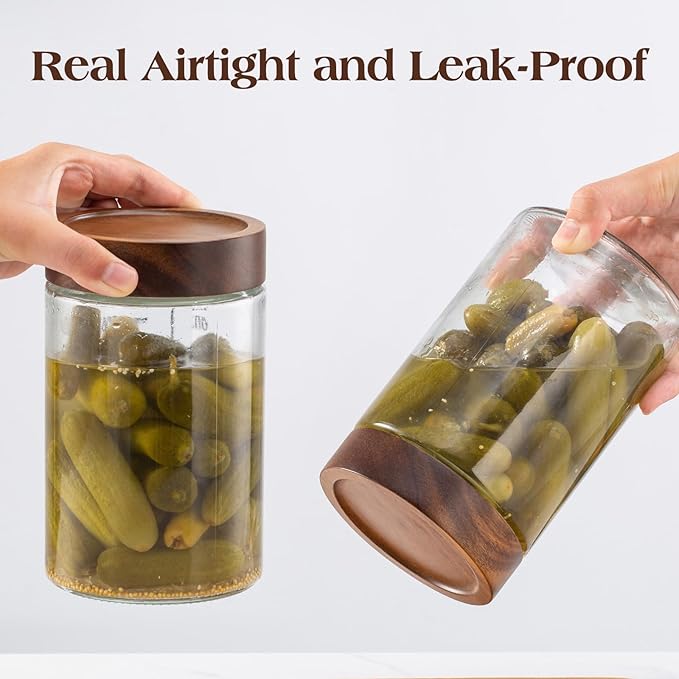 Angadona Glass Jar With Airtight Wood Lid, 33oz Wide Mouth Glass Canister pantry storage containers Kitchen Jar for Coffee,Sugar,Cookie,Nuts,spaghetti,Flour and Candy (2 pack)