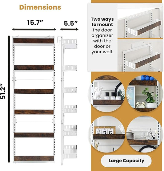 Over The Door Organizer - 6-Tier Pantry Organizer & Storage Shelf, Wooden Spice Rack with 12 Hooks, Multipurpose Behind Door Storage Solution for Kitchen, Bathroom, or Closet Wall Mount Use