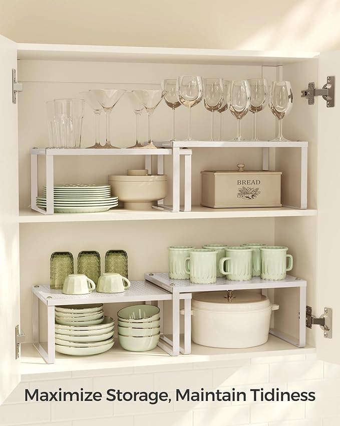 SONGMICS Spice Racks, Cabinet Shelf Organizers, Shelf Organizers, Countertop Organizers, Shelf Risers, Stackable, Expandable, Set of 4 Metal Kitchen Counter Shelves, Oatmeal Beige UKCS006K01