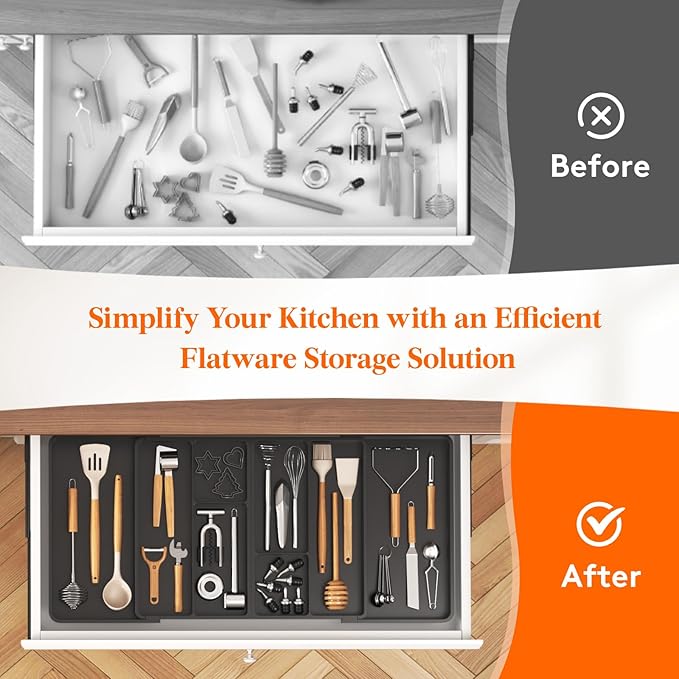 Lifewit Large Utensil Organizer for Kitchen Drawer, Expandable From 21 to 36 Inches, Adjustable Cooking Silverware Tray, Plastic Cutlery Flatware Holder, Spatula Tools Gadgets Storage Divider, Black