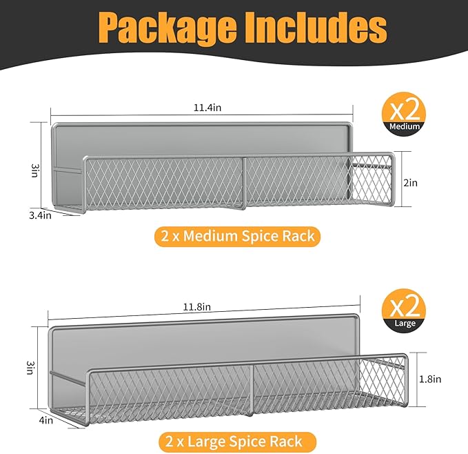 Magnetic Spice Rack for Refrigerator, 4 Pack Metal Magnetic Shelf Grey, Moveable Spice Organizer, Super Magnetic Fridge Shelf for Kitchen Organization and Storage