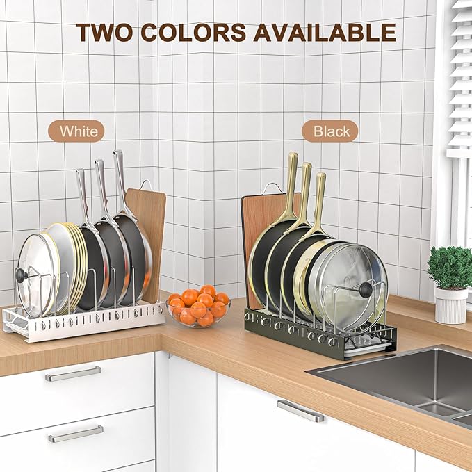 Pull Out Pots And Pans Organizer Under Cabinet,Pot Organizers Inside Cabinet,Pot Lid Holders & Pan Rack With Drain Tray,10 Adjustable Dividers(Black)
