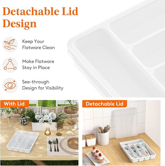 Lifewit Silverware Organizer with Lid, Covered Utensil Tray for Kitchen Drawer and Countertop, Plastic Cutlery and Flatware Storage Box for Spoons Forks Knives Holder Case, 5 Compartments, White