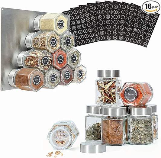 16-Pack Magnetic Hexagon Spice Jars with Upgraded Sealed Magnet Lids, Stainless Steel Wall-Plate, Inner Sifter Pour Insert, and 394 Labels - 3 oz Glass Jars for Kitchen, Pantry, RV (Patented Design)