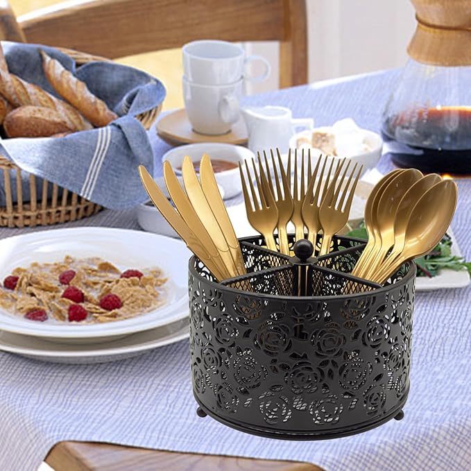 360° Rotating Metal Silverware Caddy - 4 Compartment Utensil Cutlery Holder Fork Spoon Napkin Organizer Flatware Storage Basket Party Countertop Buffet Picnic Camping Outdoor (Black)
