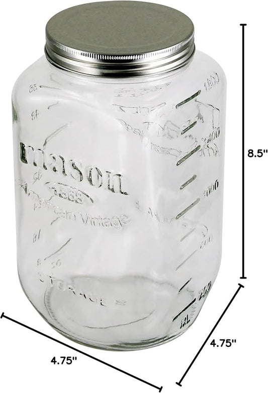 Grant Howard Mason Classics Glass Storage Jar, Metal Emboss Top, 64 Ounces, Food Storage Canning Container, Clear, Clear Lids,Silver, 52147