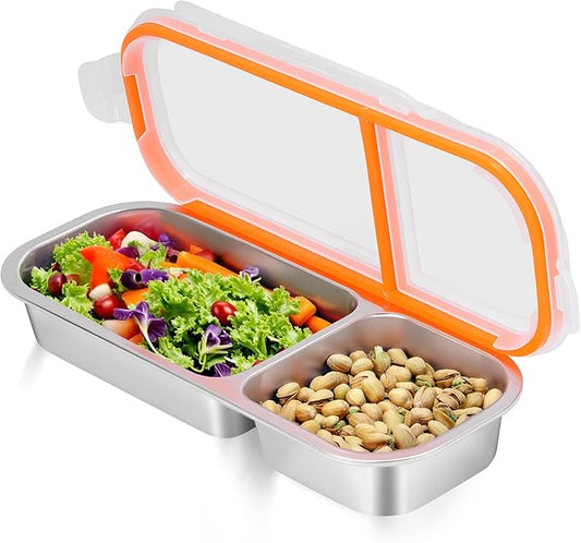 Stainless Steel Snack Containers - Reusable Double Compartment Condiment Box with Lids for Kids Adults, Grab and Go Divided Snack Food Storage Containers Sauce Cups for School, Travel