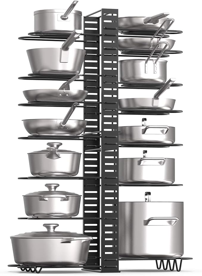 Expandable Rack for Cabinets - Vdomus Adjustable Black Pot Rack with 4 DIY Storage Positions - Holds up to 14 Pans, Pots, or Lids - Durable Iron Pot Stacker for Kitchen Organization - 8.5"x 31"x11.5"