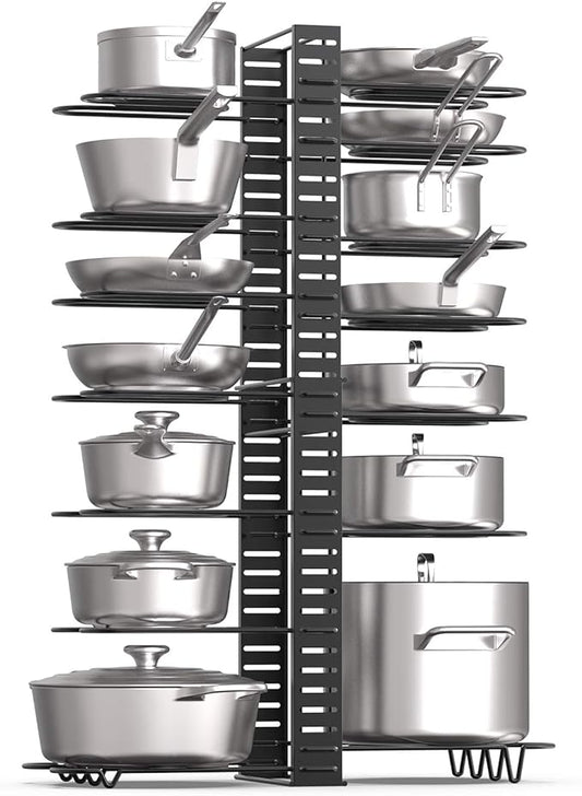 Expandable Rack for Cabinets - Vdomus Adjustable Black Pot Rack with 4 DIY Storage Positions - Holds up to 14 Pans, Pots, or Lids - Durable Iron Pot Stacker for Kitchen Organization - 8.5"x 31"x11.5"