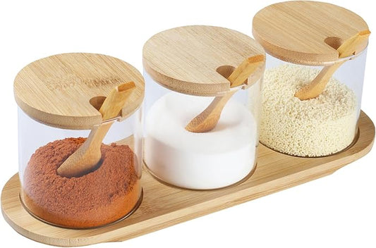 WEANGCW Condiment Container Seasoning Box Set,3 PCS Condiment Jar Spice Container with Lids and Spoons and Base, for Home Kitchen Café Storing Salt Sugar Spice