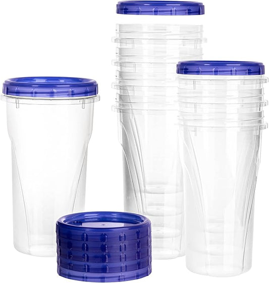 PLASTICPRO [48 oz 8 Pack] Twist Top Deli Containers Clear bottom With blue Top Twist on Lids Reusable, Stackable, Food Storage Freezer Container Pack of 8