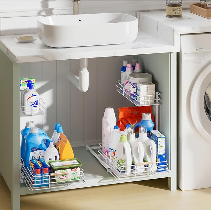 LAMU 2Pack Under Sink Organizers and Storage, 2 Tier Bathroom Kitchen Cabinet Organizers and Storage, Pull Out Under Sink Storage Kitchen Shelf Organizer for Under Counter Storage Organizer, White
