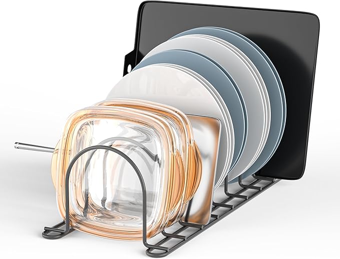 JAQ Baking Sheets Organizer, 13.5" Kitchenware Dividers Holder for Plates, Pans, Cutting Boards, Muffin Tins, Pot lids in Cabinets Shelf Countertop Pantry (Black, 8-Slot)