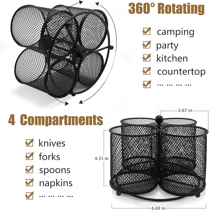 Silverware Holder Utensil Caddy - 360° Rotating Silverware Caddy 4 Compartment Metal Cutlery Organizer Fork Spoon Plastic Flatware Storage Basket Party Countertop Picnic Outdoor Modern Black