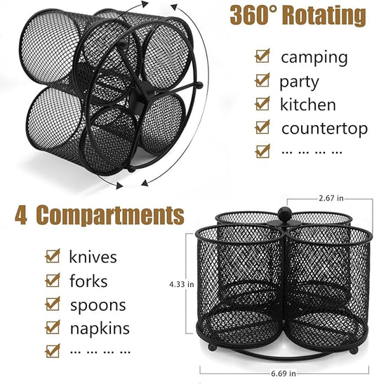 Silverware Holder Utensil Caddy - 360° Rotating Silverware Caddy 4 Compartment Metal Cutlery Organizer Fork Spoon Plastic Flatware Storage Basket Party Countertop Picnic Outdoor Modern Black