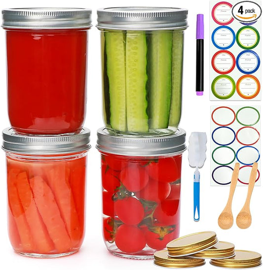 Wide Mouth Mason Jars,Canning Jars with Lids,Clear Glass Pint Jars 16oz with Sticker and Spoon for Canning, Fermenting, Jam, Honey, Wedding Favors, Sauces, DIY,Snacks, Candies and More(4pack)
