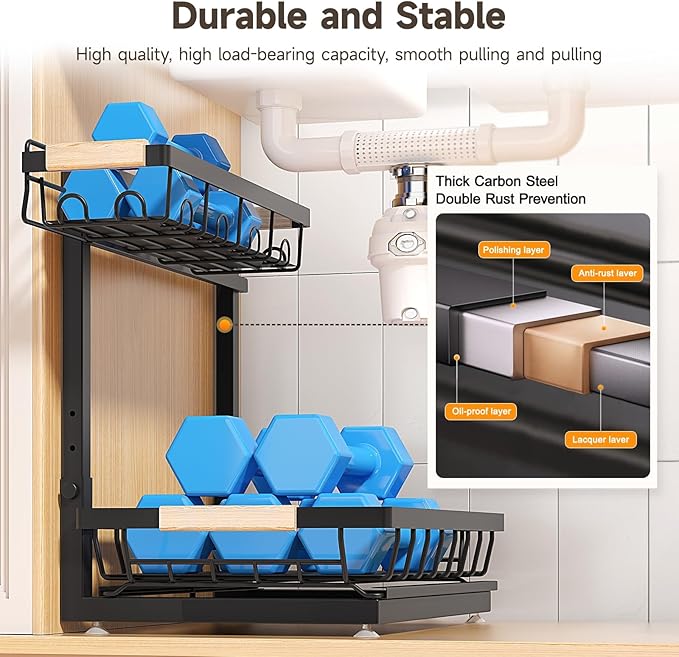 2 Packs Under Sink Organizer, High Adjustable 2 Tier Under Kitchen sink organizer, Multi-Purpose Storage Shelf for Kitchen Bathroom Cabinet, Black