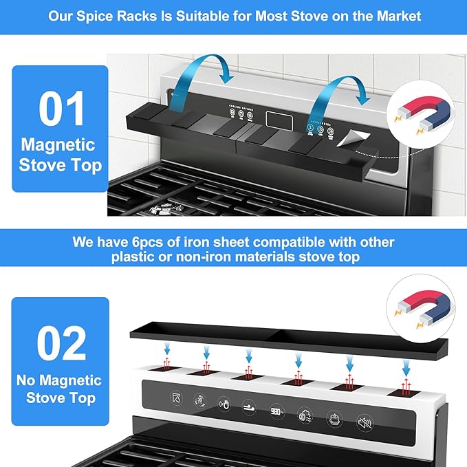 30" Magnetic Stove Top Shelf Spice Rack,2 Pack 15" kitchen Seasoning Organizers Storage Gadgets Spice Rack Over The Stove Shelf Metal,Only For Flat Top Stove (Black)
