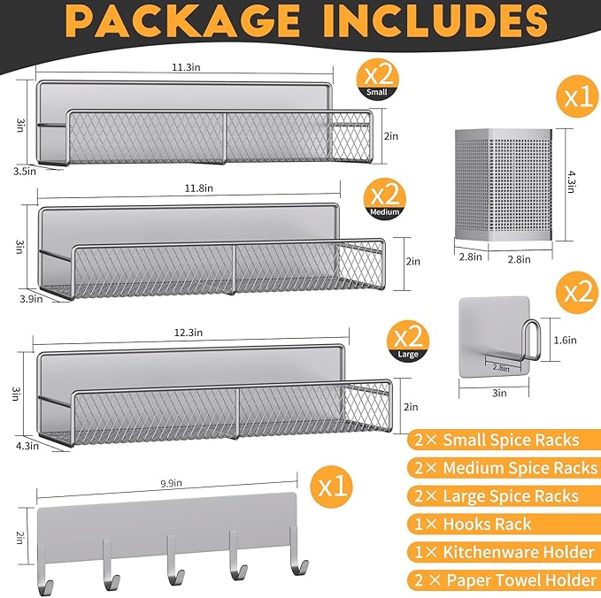 Grey Metal Spice Rack for Refrigerator, 10 Pack Moveable Magnetic Shelf Organizer with Hook Rack, Paper Towel Holder, Kitchenware Holder, Strong Magnetic Storage Fridge Organizer