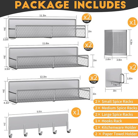 Grey Metal Spice Rack for Refrigerator, 10 Pack Moveable Magnetic Shelf Organizer with Hook Rack, Paper Towel Holder, Kitchenware Holder, Strong Magnetic Storage Fridge Organizer
