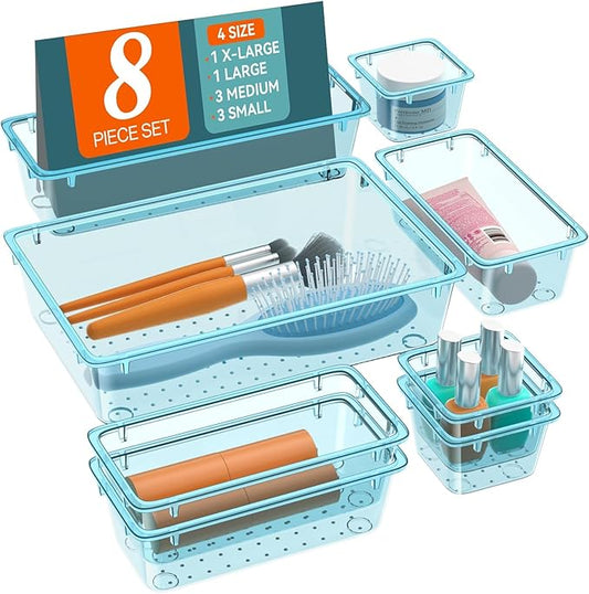 WOWBOX 8 PCS Plastic Drawer Organizer Set, 4 Sizes Desk Drawer Organization and Storage Containers for Makeup, Cosmetics, Jewelry and Gadgets in Kitchen, Bathroom, Bedroom, Office, Clear Sea Blue