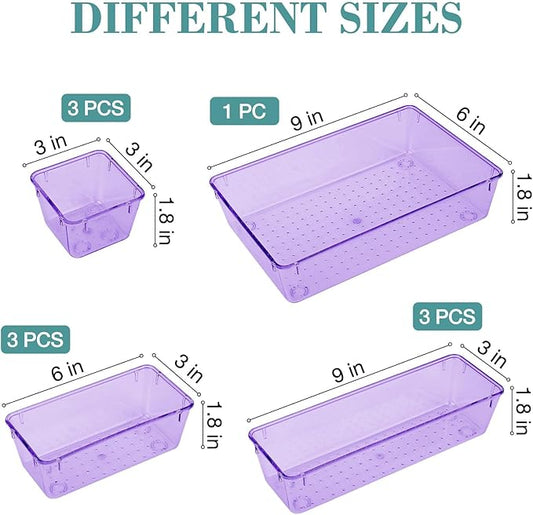 10 PCS Drawer Organizer Set, 4 Varied Size Bathroom and kitchen Drawer cabinet organizer Trays, Clear Storage Bins for Makeup, Jewelry, Utensils and Gadgets, Purple