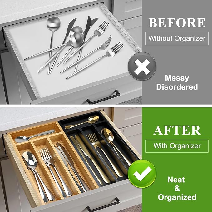 Bamboo Silverware Drawer Organizer Small Cutlery Tray Wooden Kitchen Utensil Drawer Organizer Skinny Flatware Caddy Wood Utensil Holder Drawer Spoon Fork Cutlery Organizer Narrow Silverware Tray