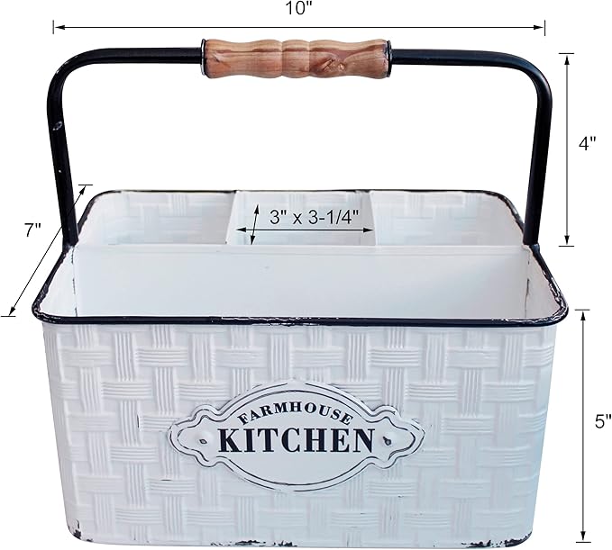CVHOMEDECO. Rustic Distressed Metal Silverware Organizer Utensil Caddy, Flatware holder, Tabletop Organizer, Enamel Finish with Wood handle and 4 Compartments, White