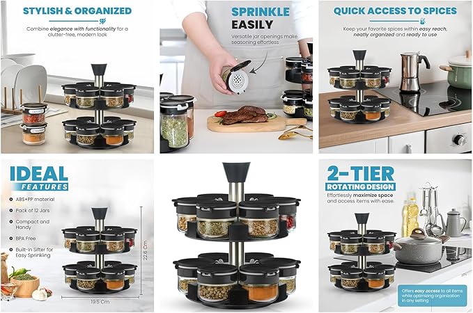 Black Rotating Spice Rack With Jars, Spinning Spice Rack For Countertop - Revolving Tower Organizer for Kitchen Seasonings - Kitchen Carousel Storage, Stainless Steel, 12 Jars