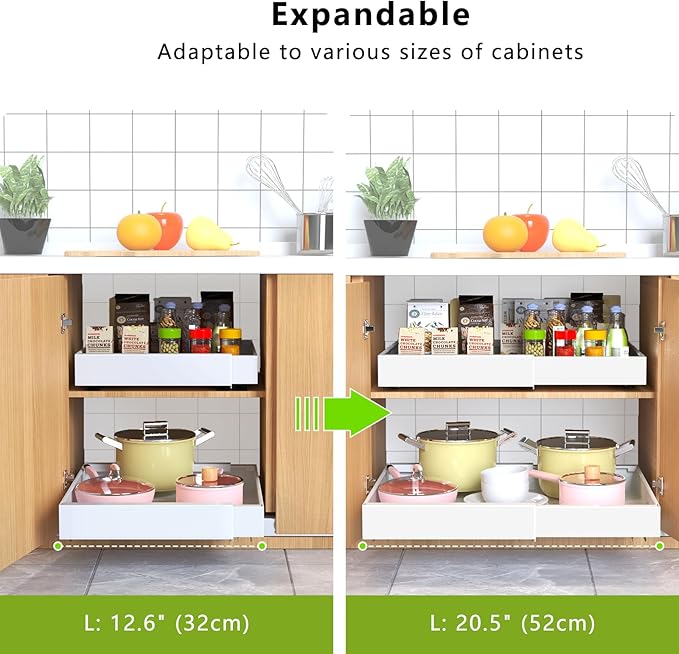 2 Pack Pull Out Cabinet Organizer 21" Deep Expandable Slide Out Drawer Organizers,No Drill Pull Out Drawers Adhesive with Nano Compatible Framed Cabinets Shelves For Kitchen Pantry Adjustable Width