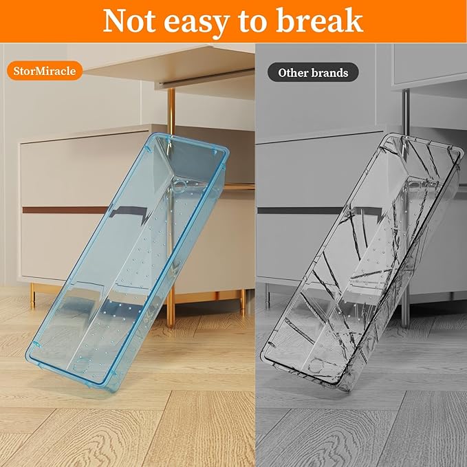32 PCS Clear Plastic Drawer Organizer Set, 4-Size vanity organizer Trays and Storage Bins for Makeup, Jewelry and Gadgets in Bedroom, Bathroom and Office, Clear Sea Blue