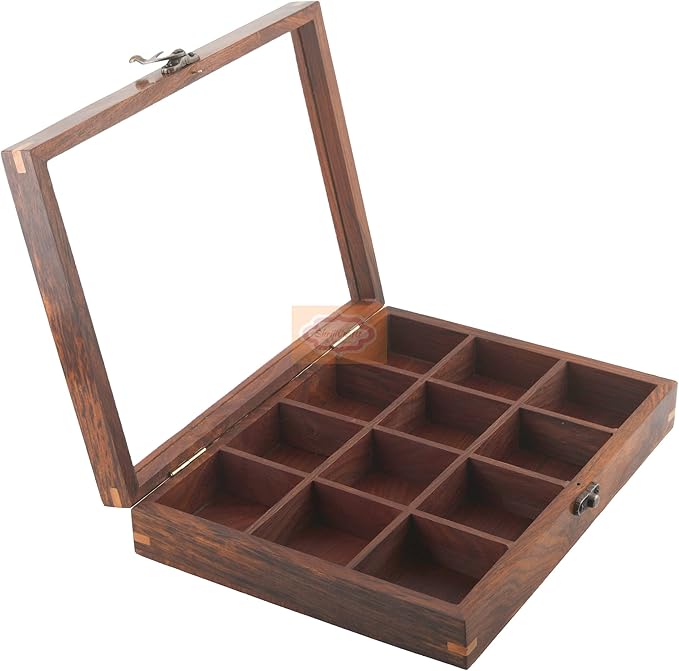 Ortus Arts Wood table top 12 Compartment Spice Box with Spoon - Wooden Masala Box Set for Kitchen Masala Daani Namak Dani Dabba Multipurpose Decorative Boxes Holder