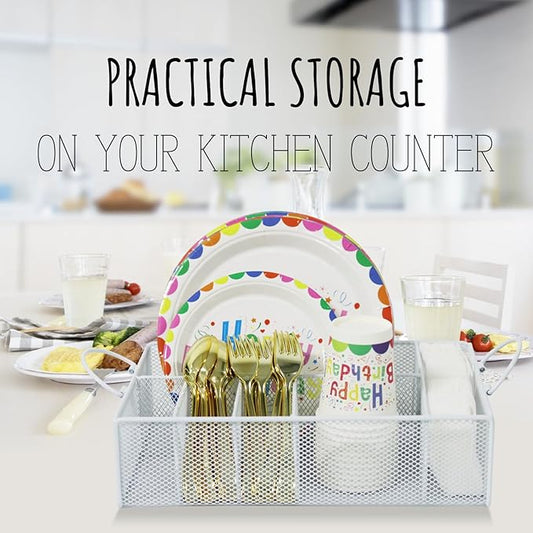 Paper Plate Organizer for Countertop: Dispenser Napkin Holder Utensil Caddy for Party Silverware, Cup, Napkins, Forks, Knives, Spoons (White)