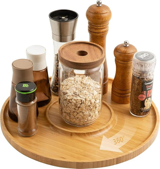 13" Bamboo Wood Lazy Susan Organizer Turntable for Kitchen Spice Rack Rotating for Cabinet, Countertop, Dining Table Top or Pantry, Smores Maker Station for Tabletop Fire Pit