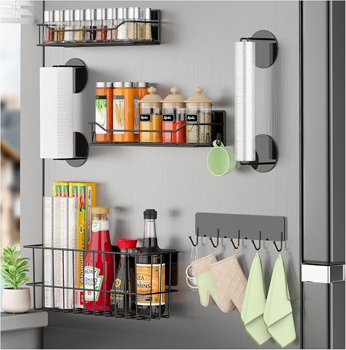 Minicloss Magnetic Spice Rack for Refrigerator - 6 Pack Magnetic Spice Rack with Magnetic Basket & Paper Towel Holder, Strong Magnetic Storage Organizer for Kitchen, Black