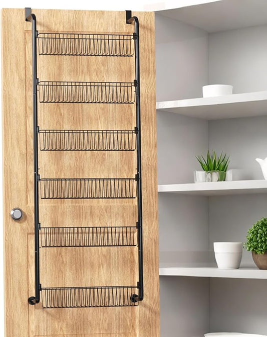 Goovilla Over The Door Pantry Organizer, 6-Tier Pantry Organization and Storage, Metal Hanging Spice Rack for Pantry Door, Kitchen, Laundry, Bathroom Organization, Back of Door Seasoning Rack, Black